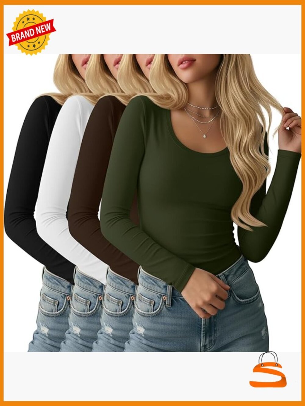 4 Pack Scoop Neck Long Sleeve Slim Fit Tees for Women